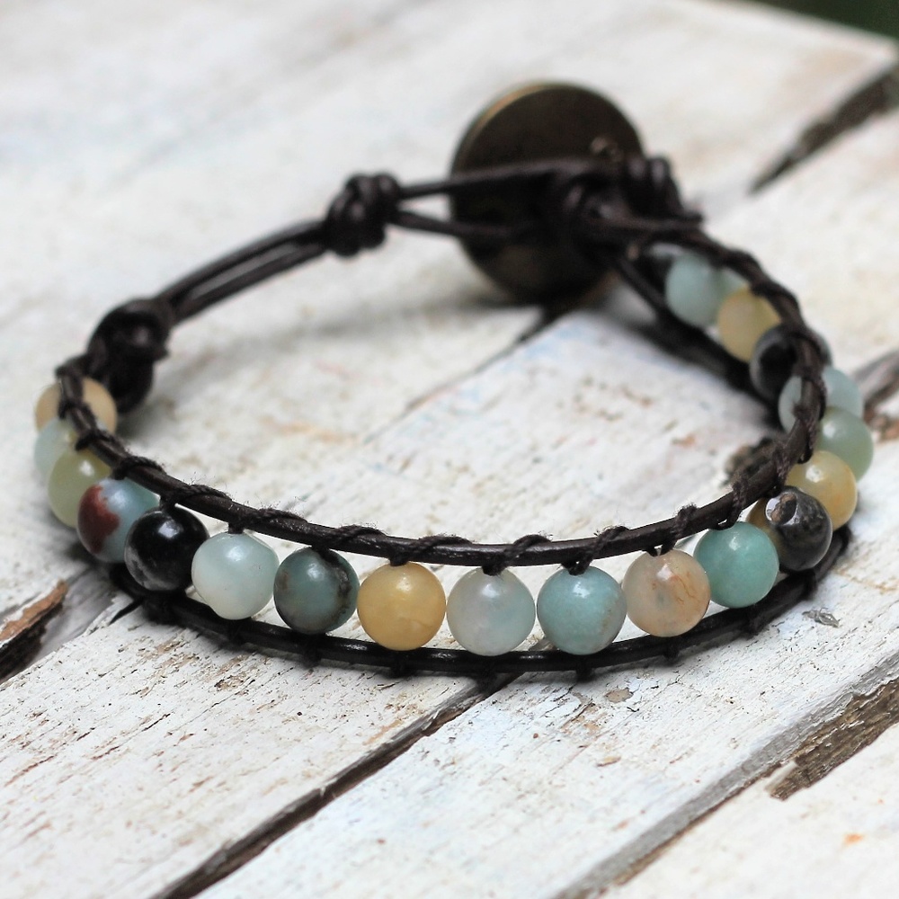 Amazonite Leather Wrap Bracelet, Gemstone Bracelet